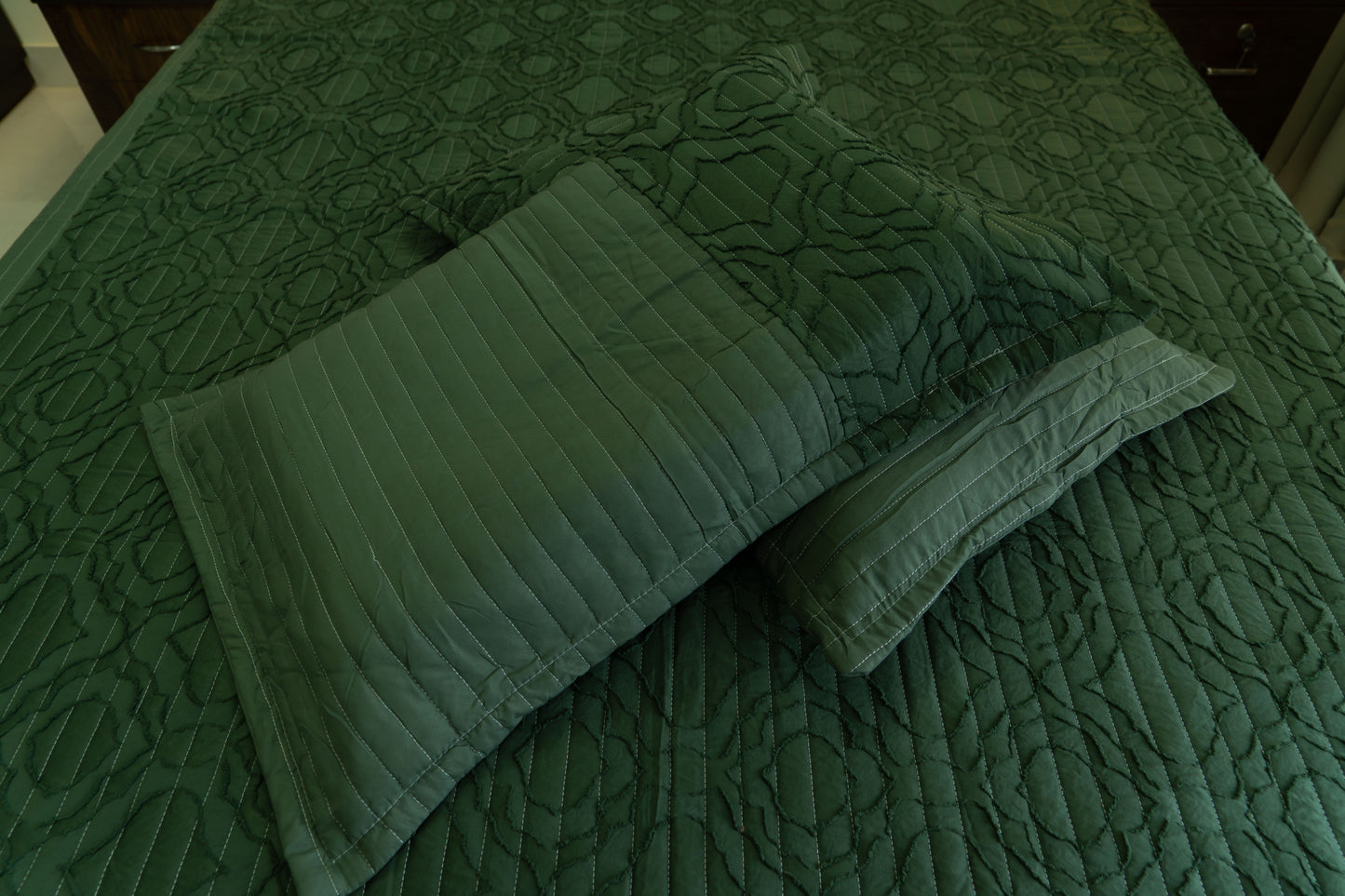 King Size Quilted Bedcover – 100% Mulmul Cotton in Deep Olive with Subtle Geometric Block Pattern