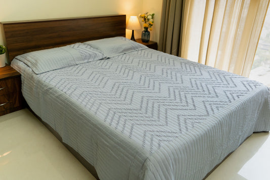 King Size Quilted Bedcover – 100% Mulmul Cotton with Textured Tone-on-Tone Design - Light Grey