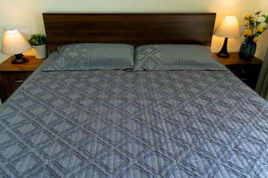 King Size Quilted Bedcover – 100% Mulmul Cotton in Grey with Geometric Texture