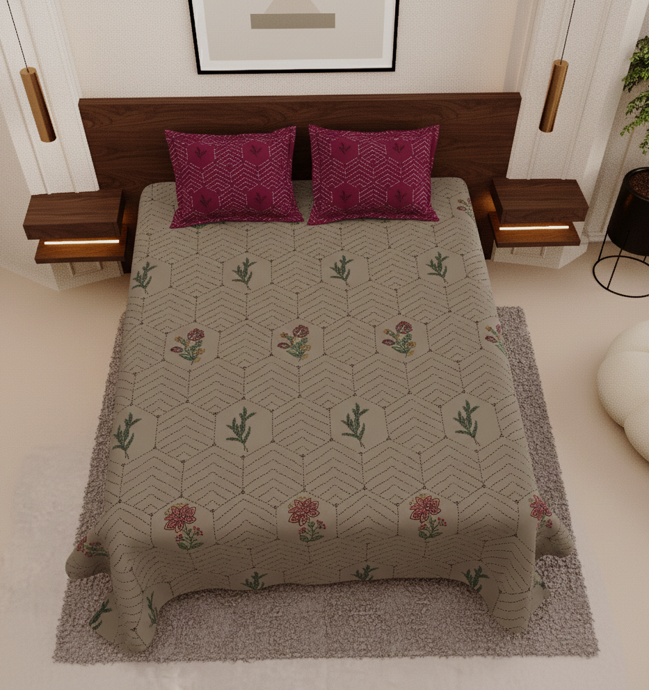 Geometric Floral Print Brown & Magenta 250 TC Pure Cotton King Size Bedsheet with 2 Pillow Covers