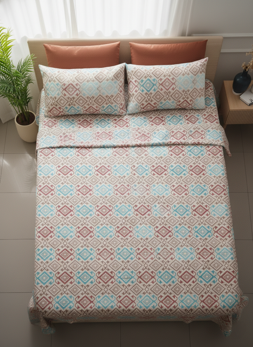 Geometric Pattern 100% Pure Cotton King Size Bedsheet with 2 Pillow Covers