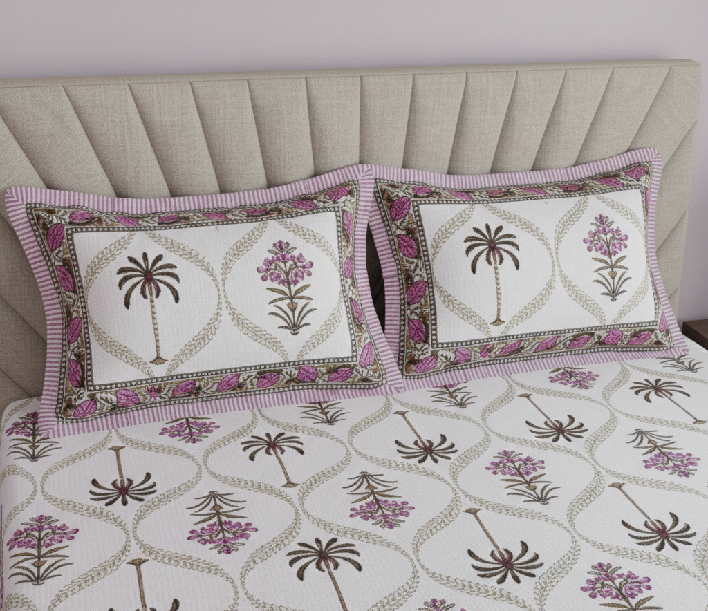 Jaipuri Sanganeri Palm Tree Motif Pink 200 TC 100% Pure Cotton King Size Bedsheet with 2 Pillow Covers