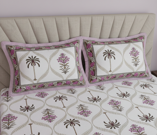 Jaipuri Sanganeri Palm Tree Motif Pink 200 TC 100% Pure Cotton King Size Bedsheet with 2 Pillow Covers