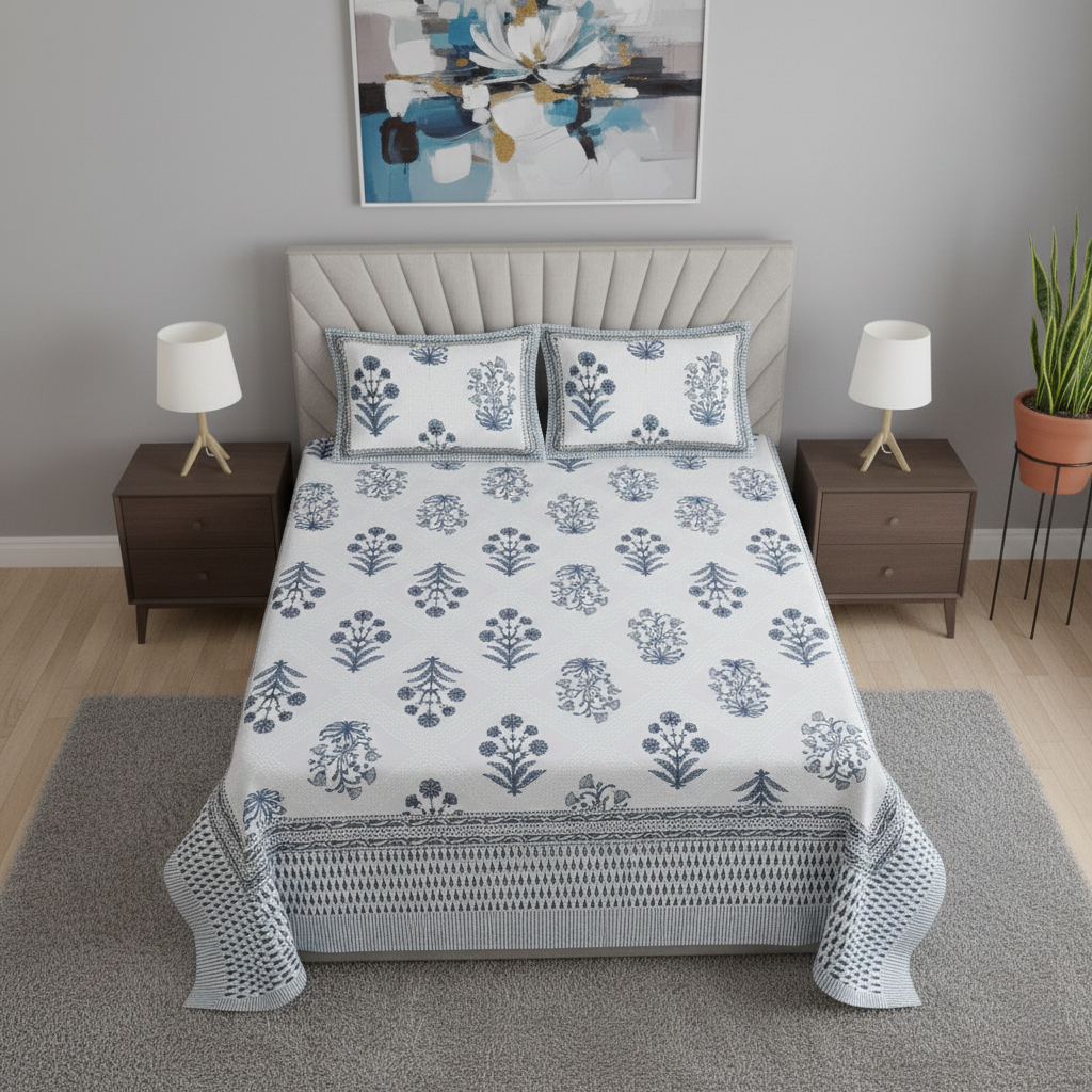 Floral Motif Blue & White 200 TC 100% Pure Cotton King Size Bedsheet with 2 Pillow Covers