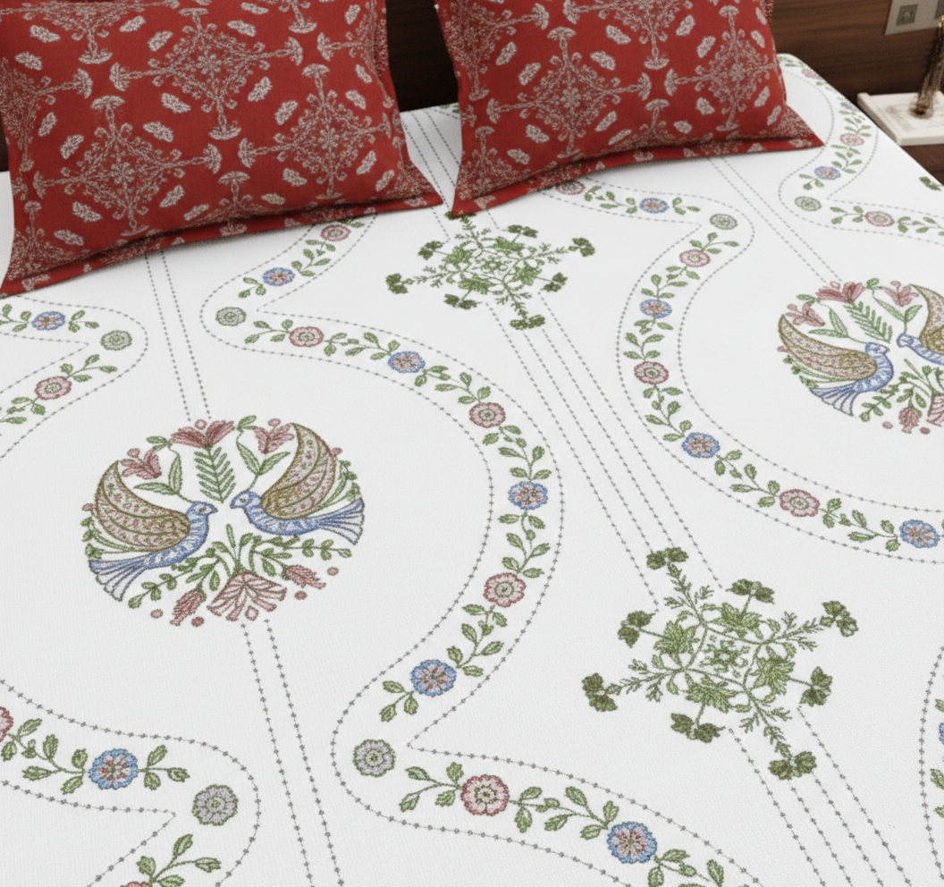 Paisley Floral Print Multicolour on White 250 TC Pure Cotton King Size Bedsheet with 2 Pillow Covers