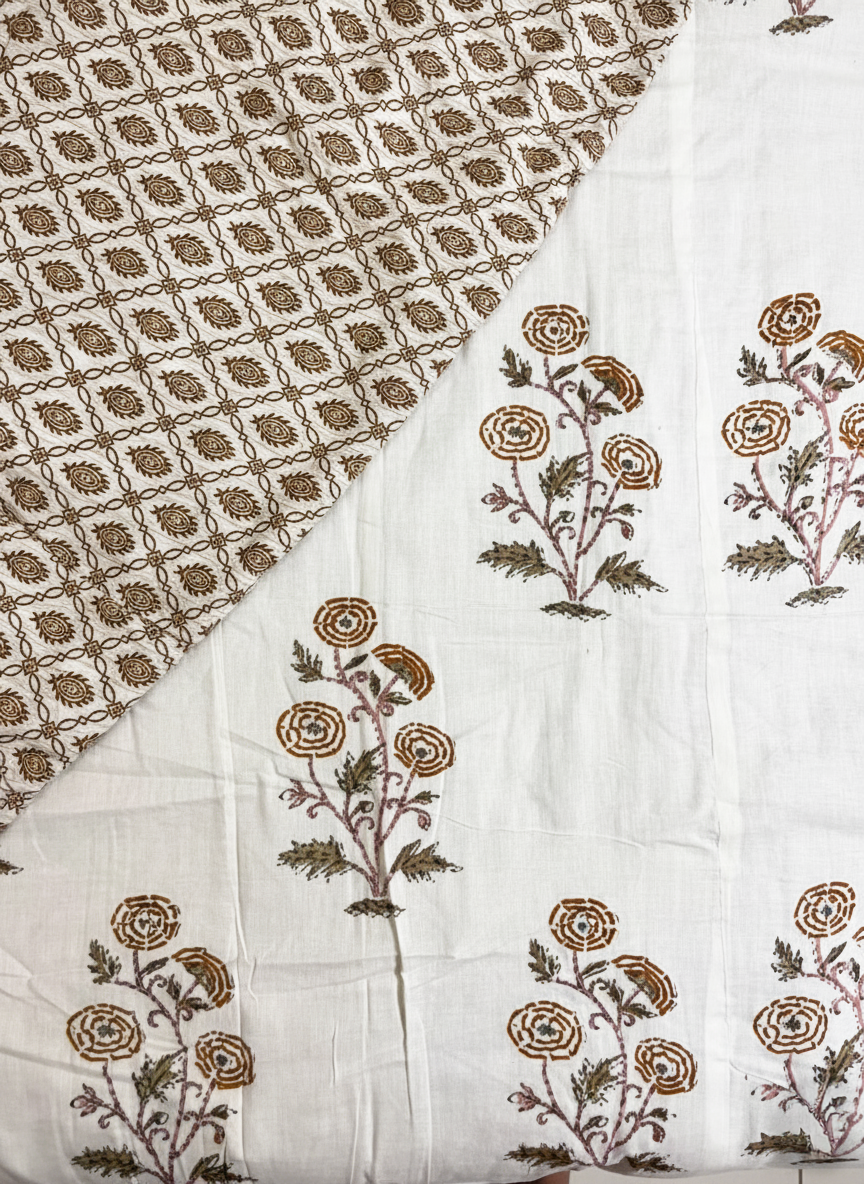 Brown & Gold Floral Double Mulmul Dohar Comforter in Jaipuri Hand Block Print