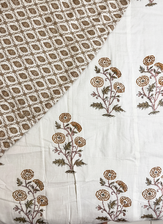 Brown & Gold Floral Double Mulmul Dohar Comforter in Jaipuri Hand Block Print
