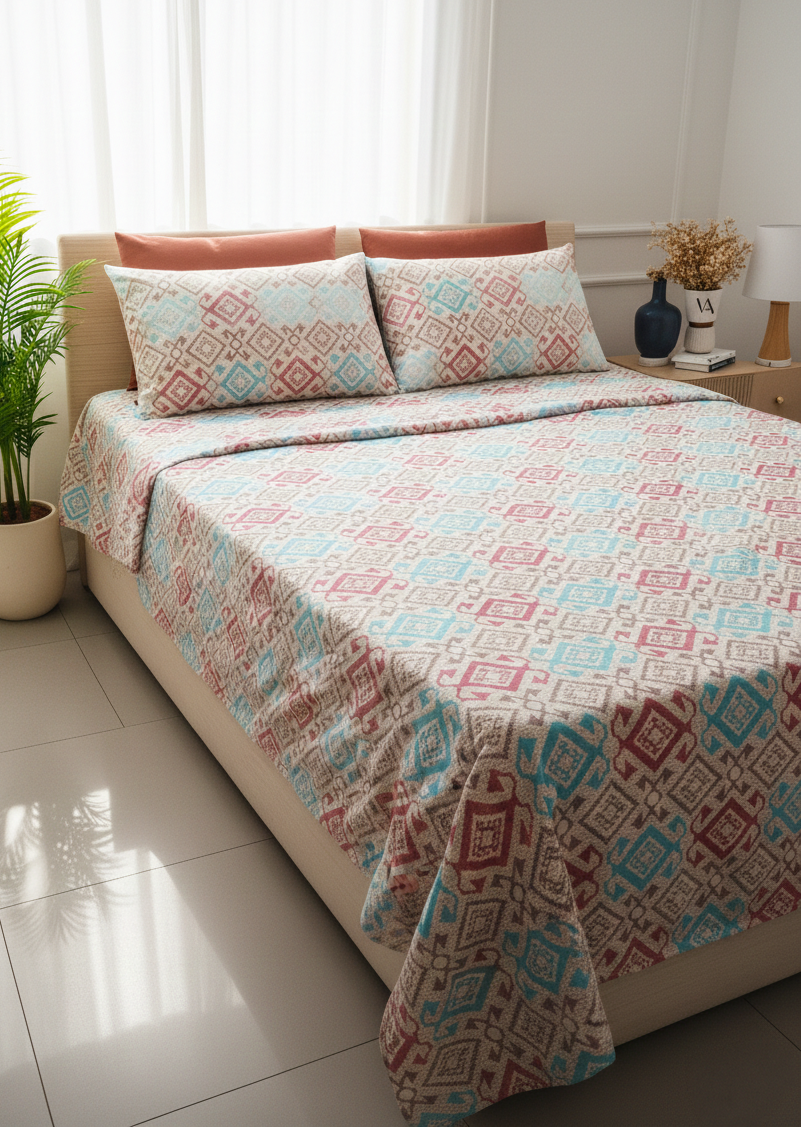 Geometric Pattern 100% Pure Cotton King Size Bedsheet with 2 Pillow Covers