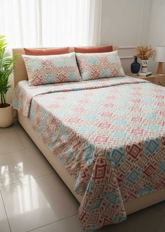 Geometric Pattern 100% Pure Cotton King Size Bedsheet with 2 Pillow Covers