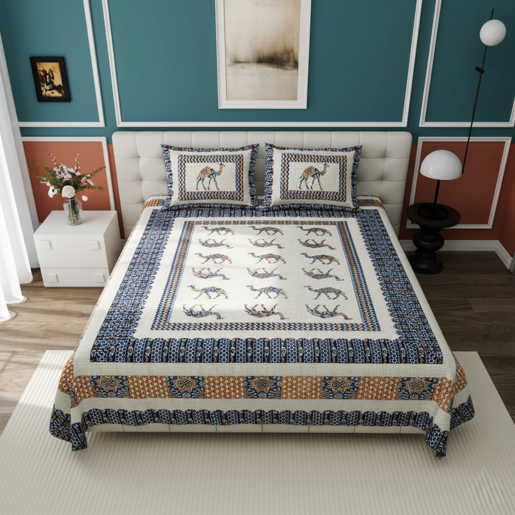 Desert Camel Heritage Print Fitted King Size Bedsheet