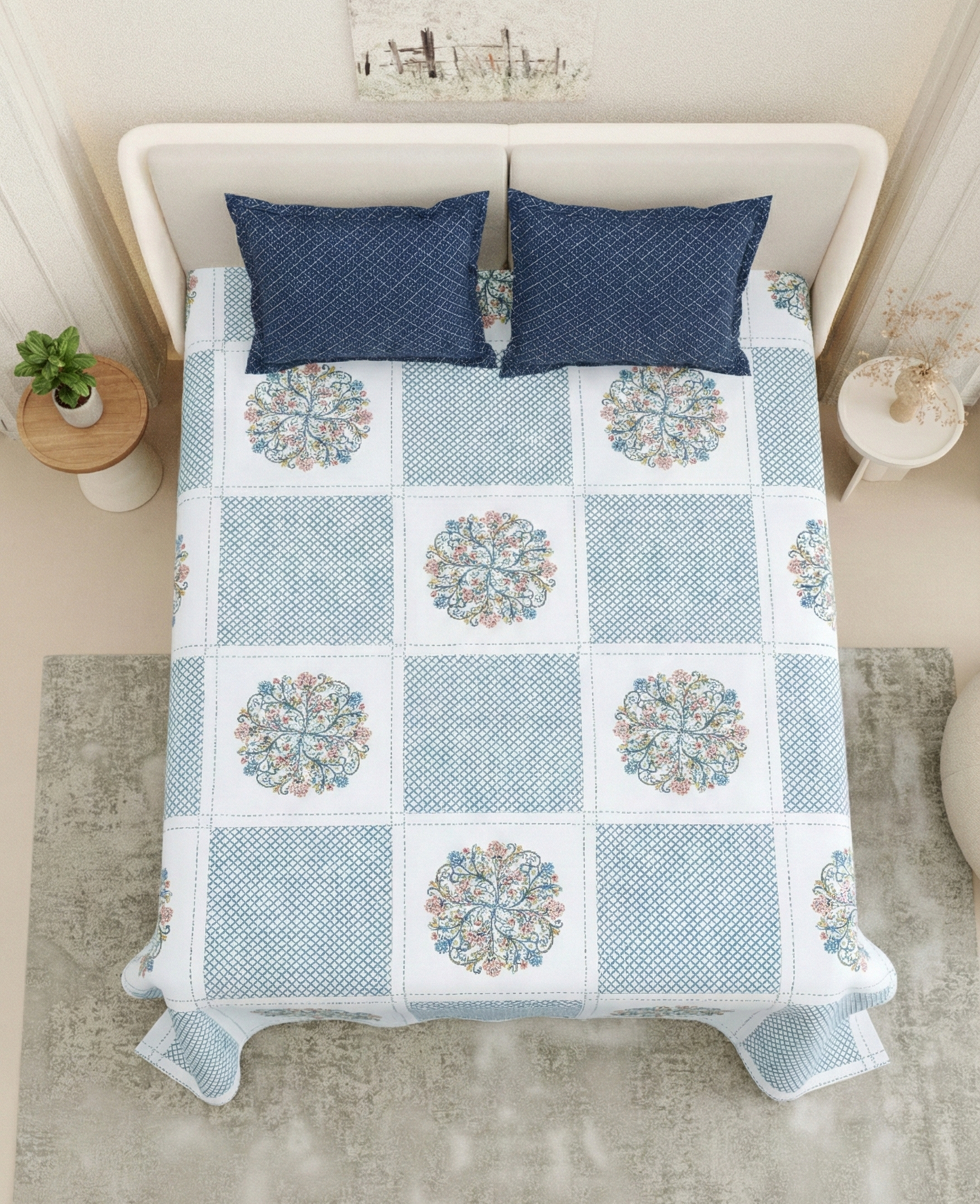 Geometric Floral Print Blue & White 250 TC Pure Cotton King Size Bedsheet with 2 Pillow Covers