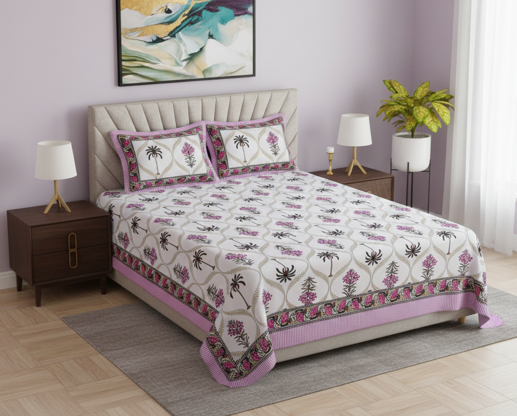 Jaipuri Sanganeri Palm Tree Motif Pink 200 TC 100% Pure Cotton King Size Bedsheet with 2 Pillow Covers