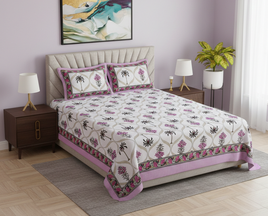 Jaipuri Sanganeri Palm Tree Motif Pink 200 TC 100% Pure Cotton King Size Bedsheet with 2 Pillow Covers