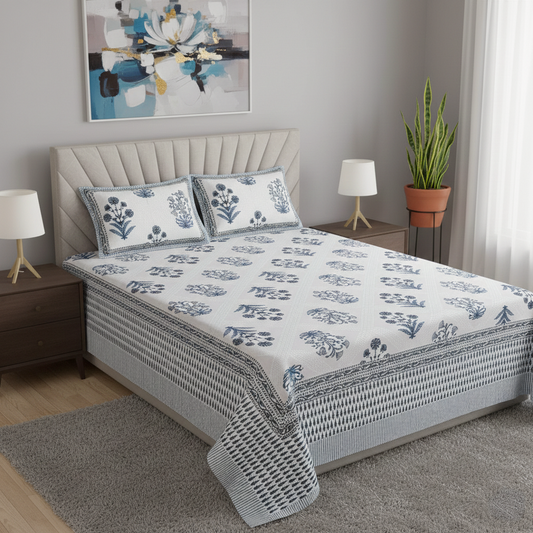 Floral Motif Blue & White 200 TC 100% Pure Cotton King Size Bedsheet with 2 Pillow Covers