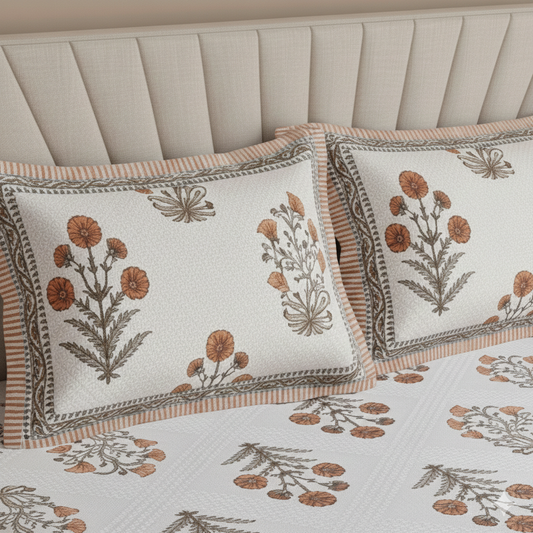 Floral Motif Orange & Taupe 200 TC 100% Pure Cotton King Size Bedsheet with 2 Pillow Covers