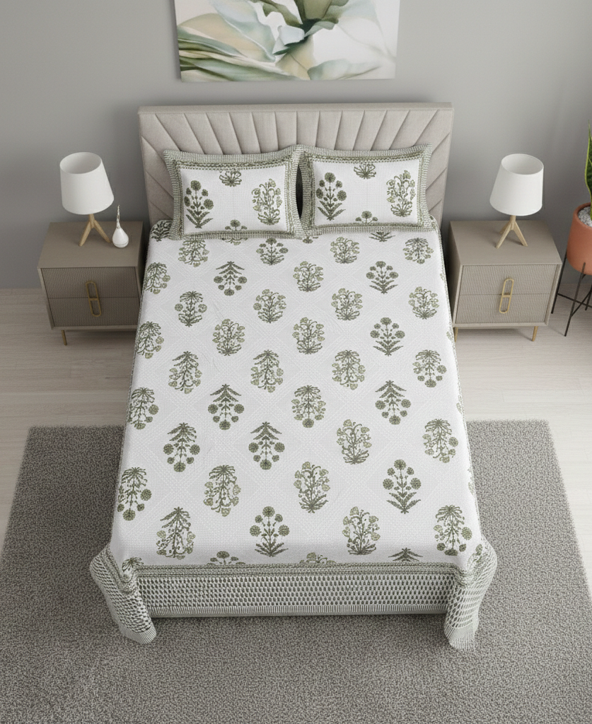 Floral Motif Olive Green  200 TC 100% Pure Cotton King Size Bedsheet with 2 Pillow Covers