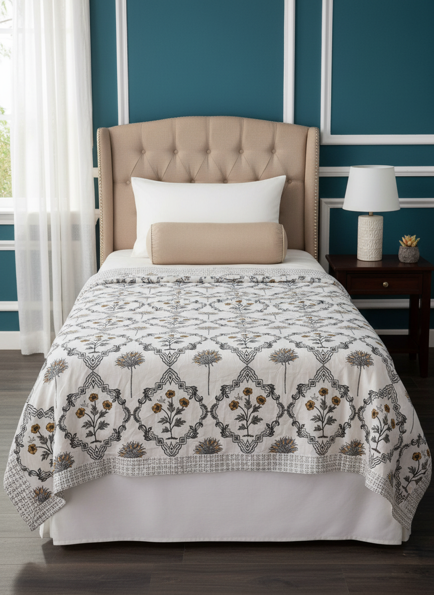 Mustard & Grey Block Print Single Bed Mulmul Dohar Comforter Set of 2