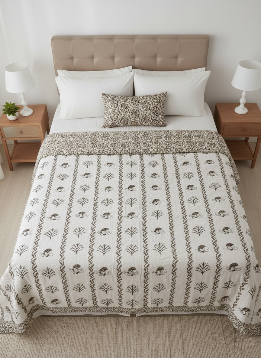 Dark Olive Foliage | Double Mulmul Cotton Dohar | Jaipuri Heritage