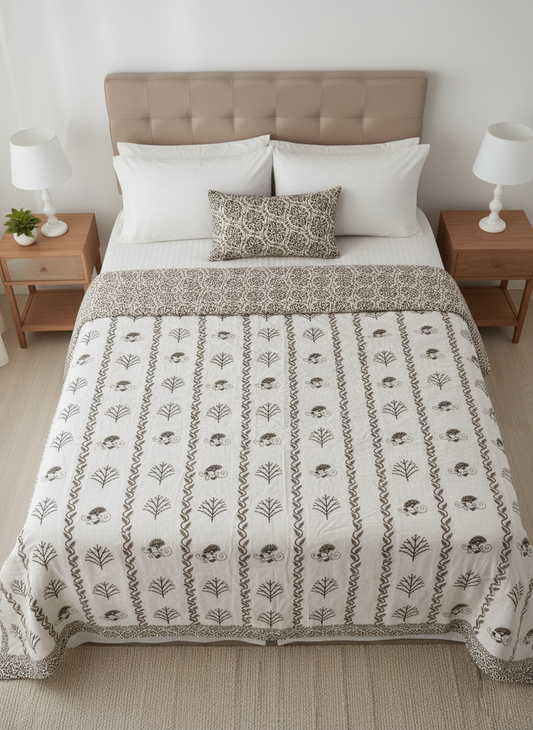 Dark Olive Foliage | Double Mulmul Cotton Dohar | Jaipuri Heritage