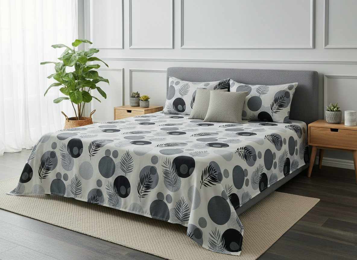 Grey Leaf & Circle 200 TC Queen Size Double Bedsheet Set