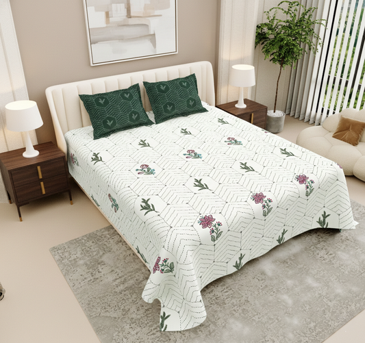 Geometric Print Forest Green & White 250 TC Pure Cotton King Size Bedsheet with 2 Pillow Covers