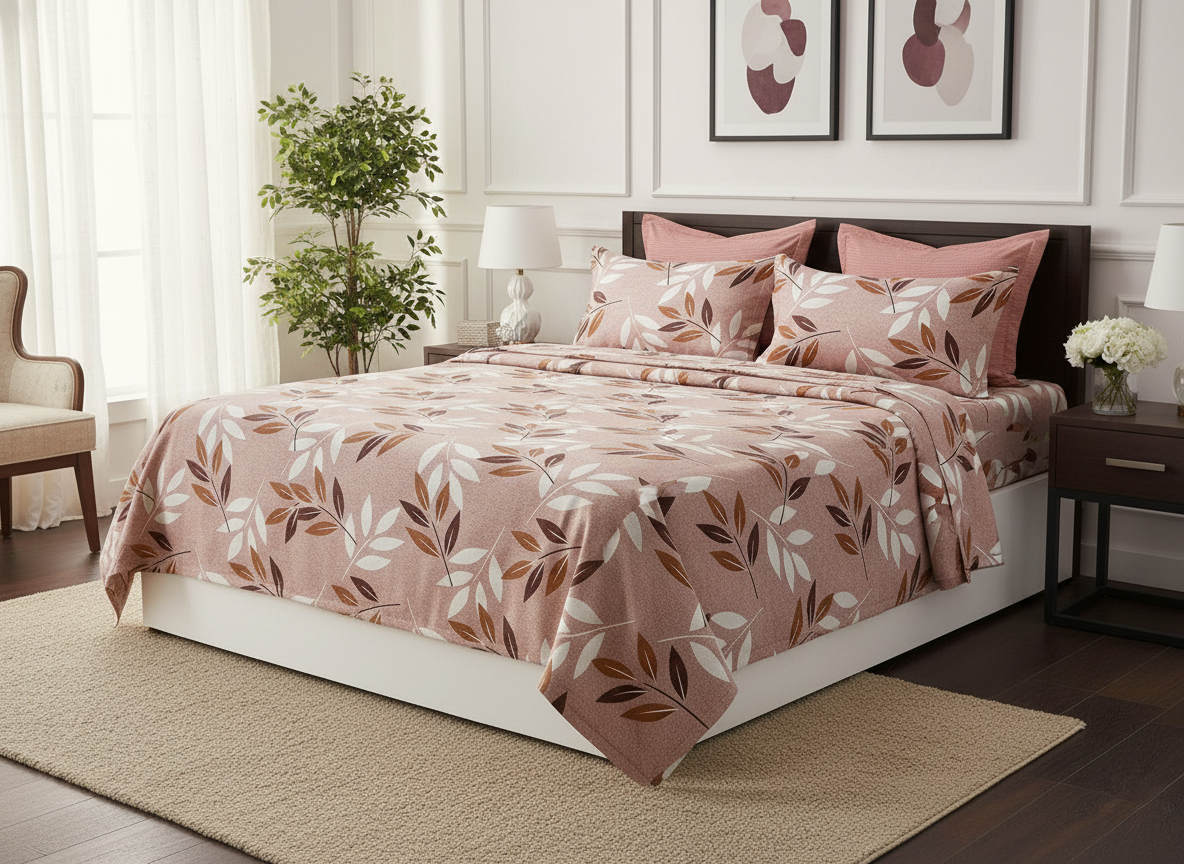 Elegant Leaves 200 TC Pure Cotton Queen Size Double Bedsheet