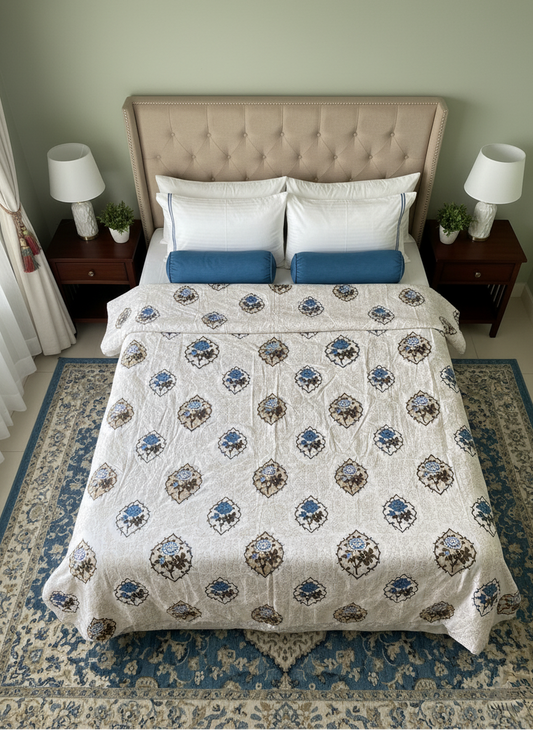 Blue & Gold Rose Bloom Jaipuri Double Mulmul Cotton Dohar Comforter