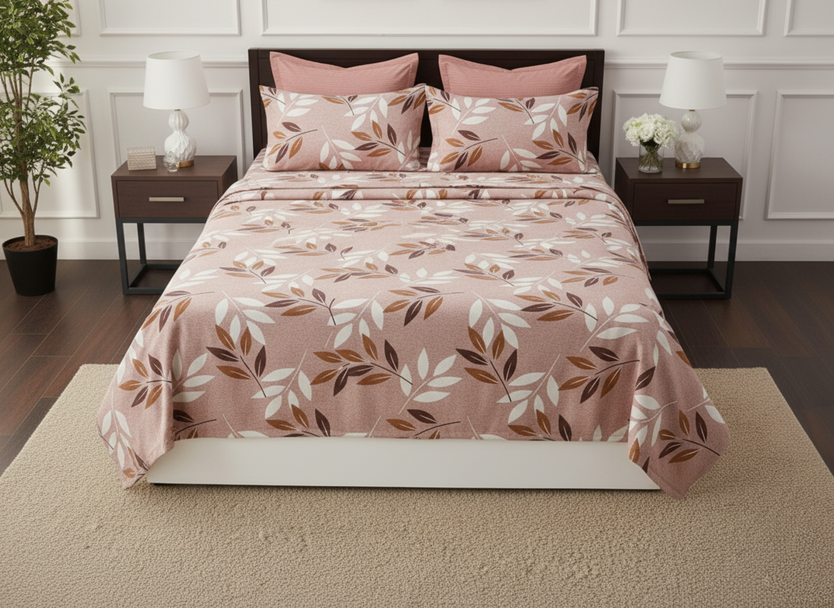 Elegant Leaves 200 TC Pure Cotton Queen Size Double Bedsheet