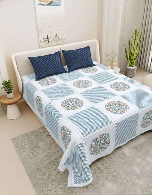 Geometric Floral Print Blue & White 250 TC Pure Cotton King Size Bedsheet with 2 Pillow Covers