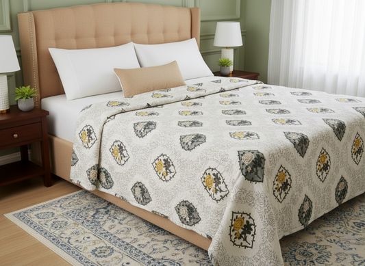 Mustard Yellow & Grey Roses | Jaipuri Double Mulmul Dohar Comforter