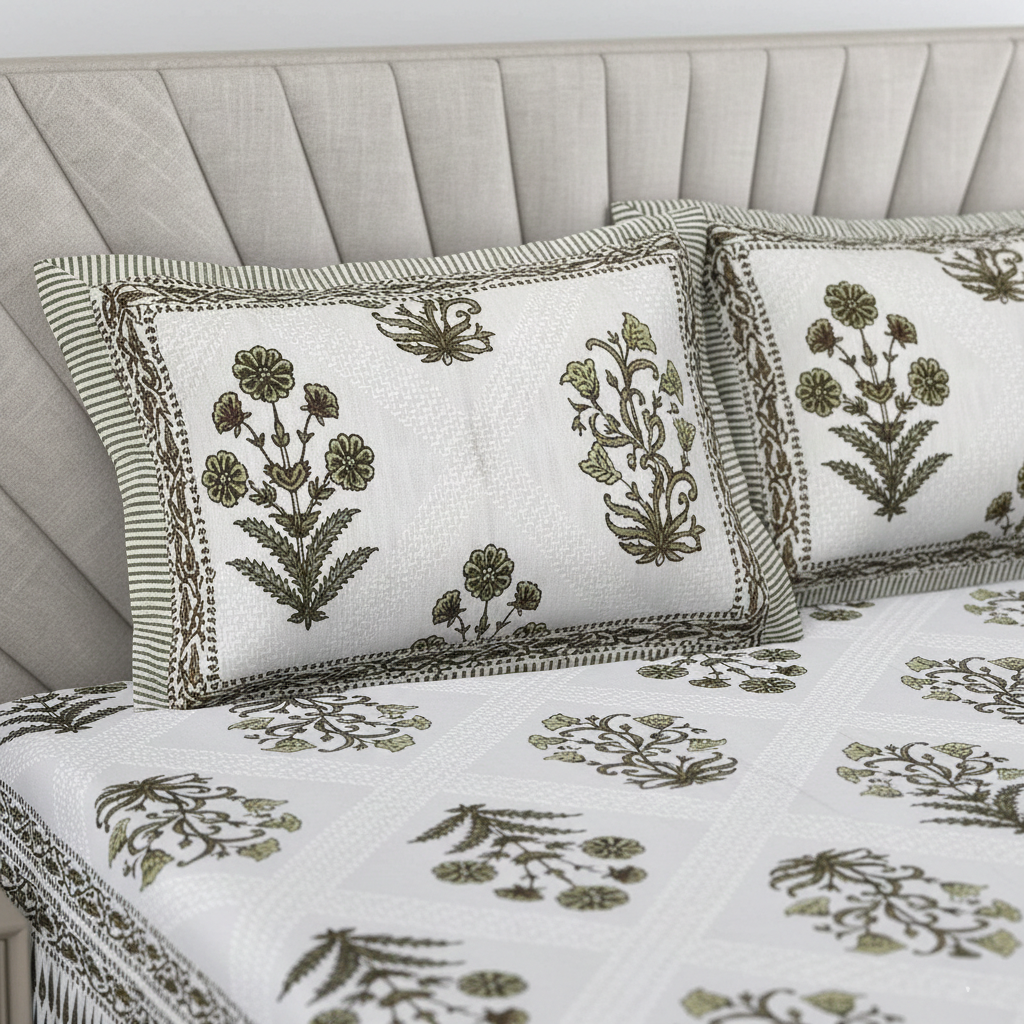 Floral Motif Olive Green  200 TC 100% Pure Cotton King Size Bedsheet with 2 Pillow Covers