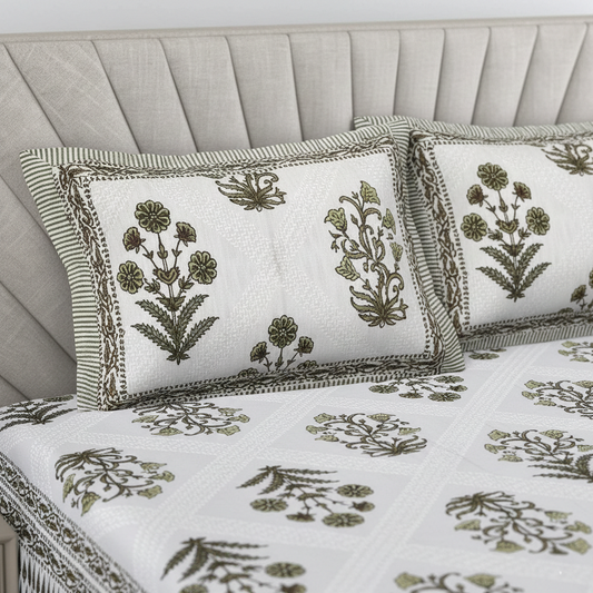 Floral Motif Olive Green  200 TC 100% Pure Cotton King Size Bedsheet with 2 Pillow Covers