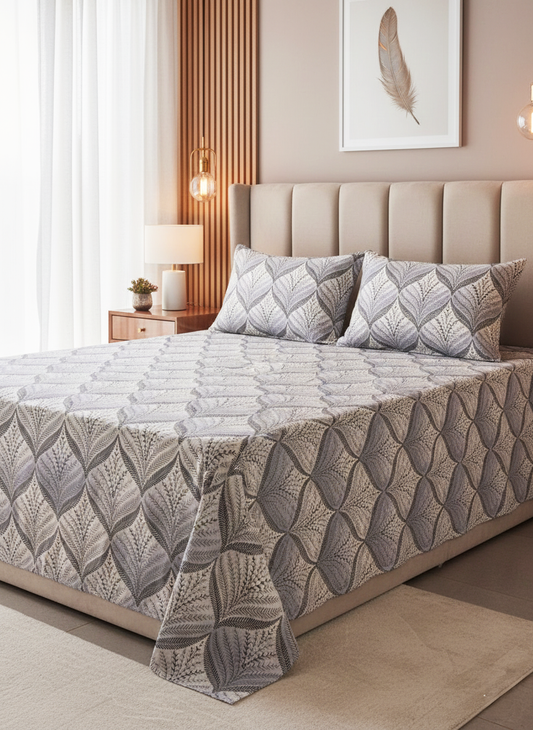 Lavender & Gray Floral King Size 240 TC Pure Cotton Bedsheet