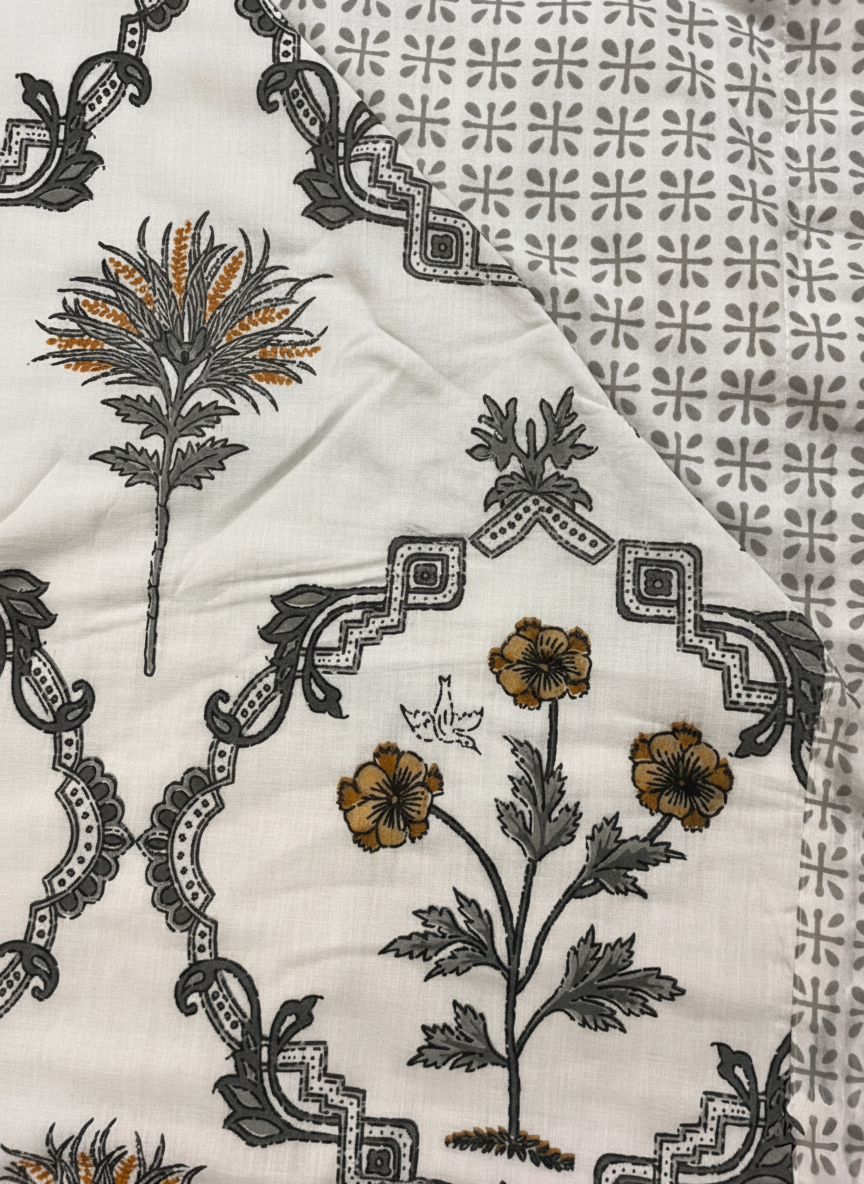 Mustard & Grey Block Print Single Bed Mulmul Dohar Comforter Set of 2