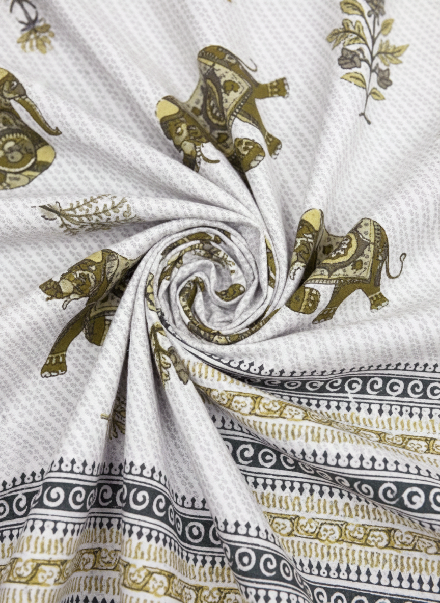Elephant Motif Olive Green & White 200 TC 100% Pure Cotton King Size Bedsheet with 2 Pillow Covers