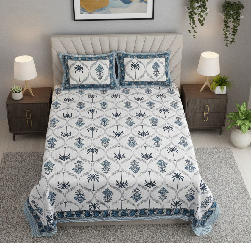 Jaipuri Sanganeri Palm Tree Motif Blue 200 TC 100% Pure Cotton King Size Bedsheet with 2 Pillow Covers