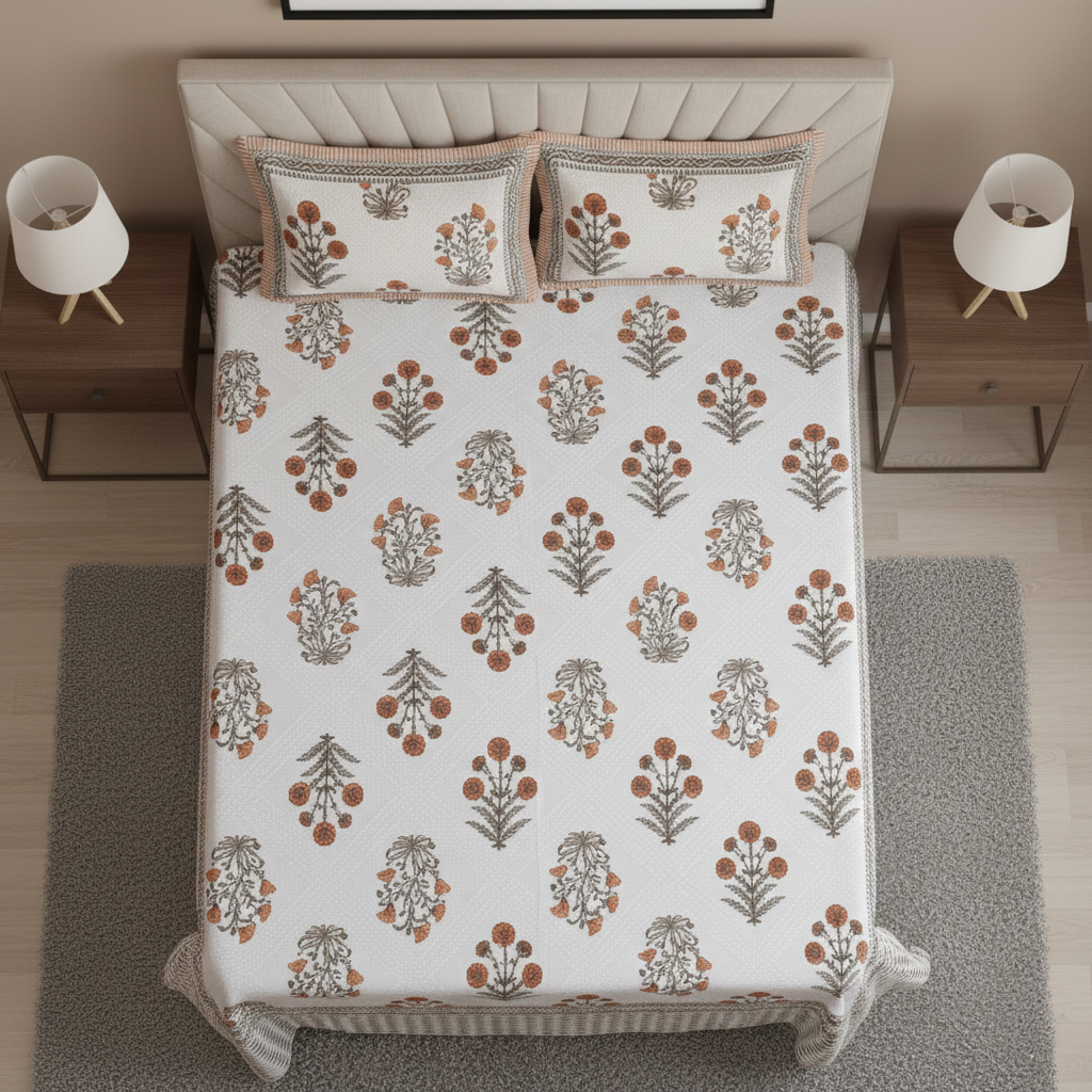 Floral Motif Orange & Taupe 200 TC 100% Pure Cotton King Size Bedsheet with 2 Pillow Covers