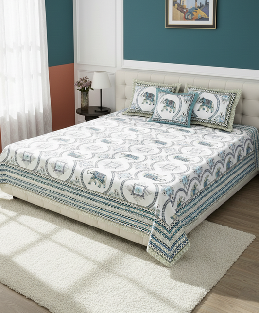 Elephant Motifs 200 TC Pure Cotton King Size Fitted Bedsheet