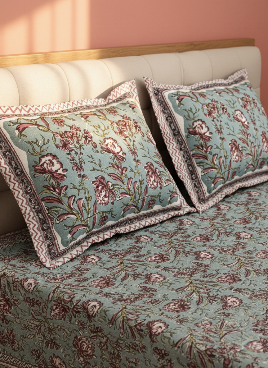 Teal & Pink Floral 200 TC Pure Cotton King Size Fitted Bedsheet