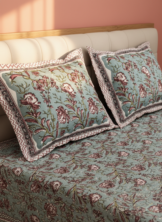 Teal & Pink Floral 200 TC Pure Cotton King Size Fitted Bedsheet