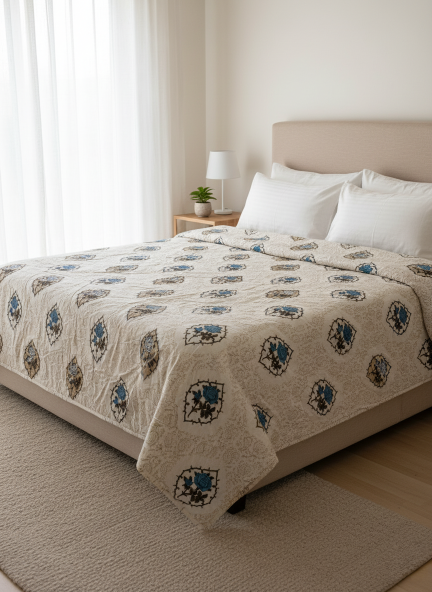 Blue & Gold Rose Bloom Jaipuri Double Mulmul Cotton Dohar Comforter