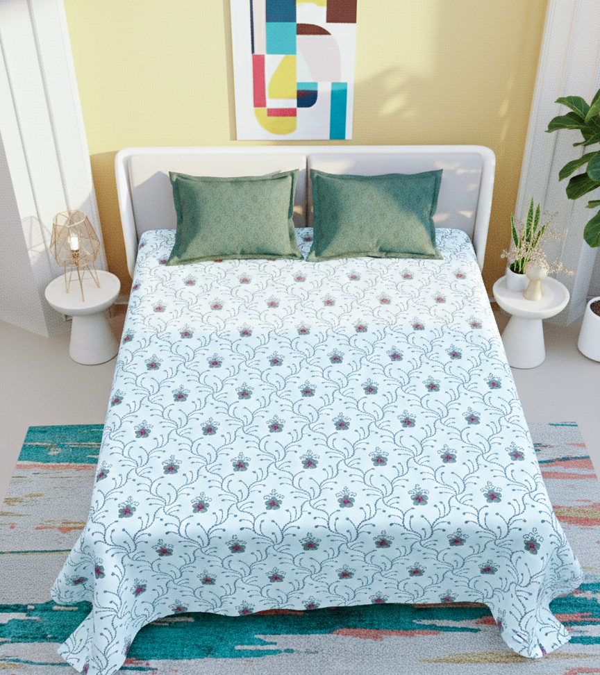 Floral Vine Print 250 TC Pure Cotton King Size Bedsheet with 2 Pillow Covers