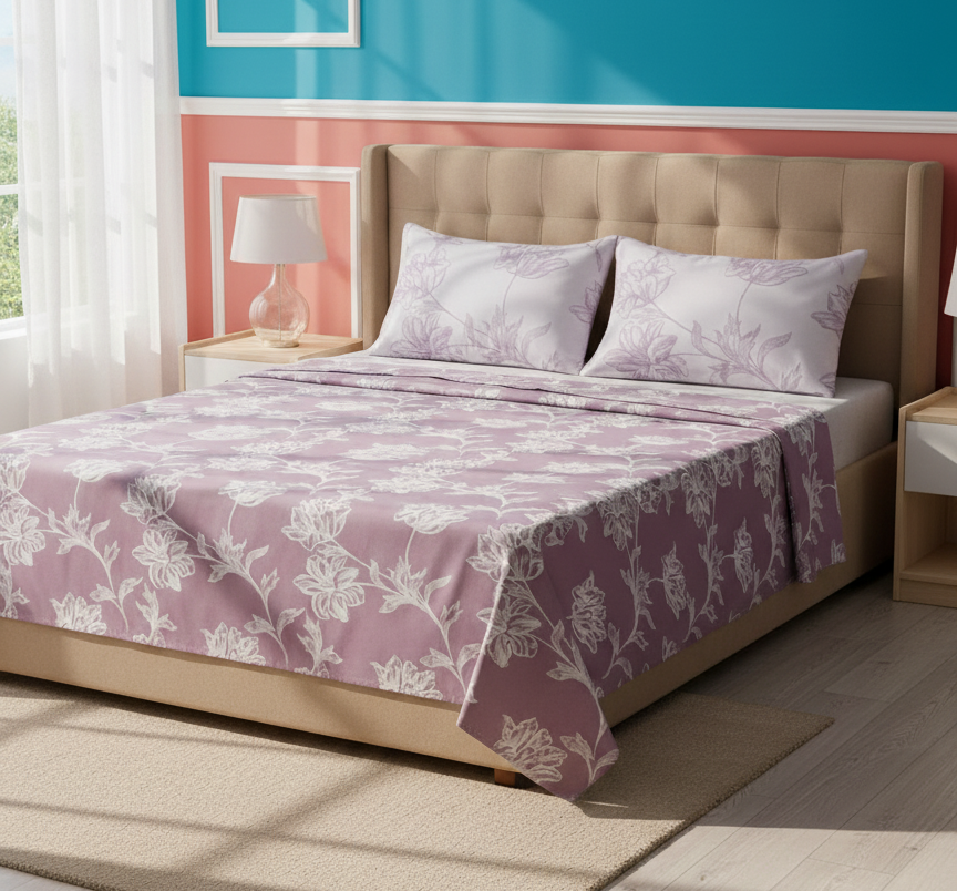 The Lilac Whisper Floral 200 TC Pure Cotton Queen Size Double Bedsheet