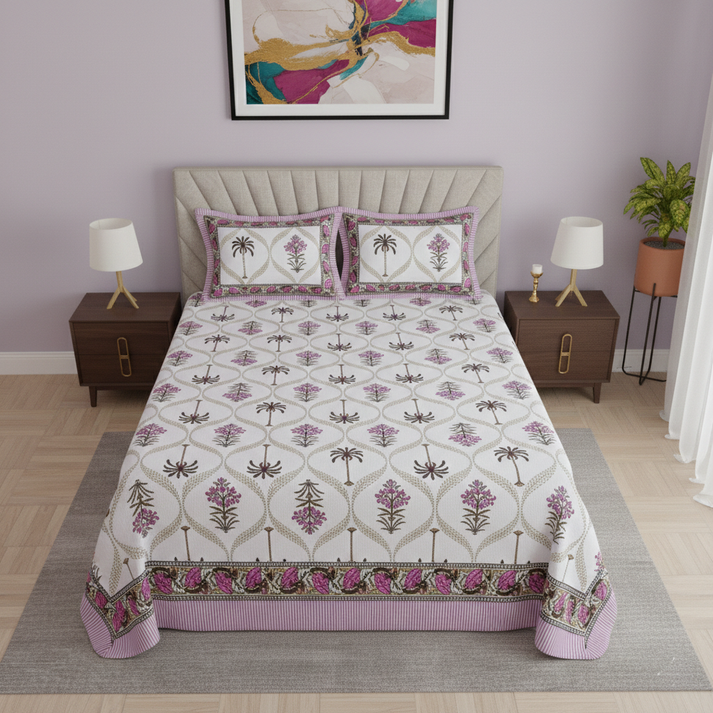 Jaipuri Sanganeri Palm Tree Motif Pink 200 TC 100% Pure Cotton King Size Bedsheet with 2 Pillow Covers