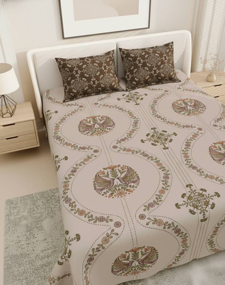 Paisley Floral Print Beige & Brown 250 TC Pure Cotton King Size Bedsheet with 2 Pillow Covers