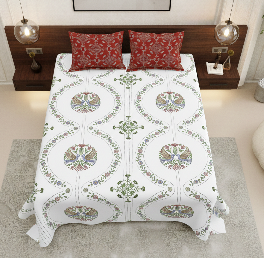 Paisley Floral Print Multicolour on White 250 TC Pure Cotton King Size Bedsheet with 2 Pillow Covers