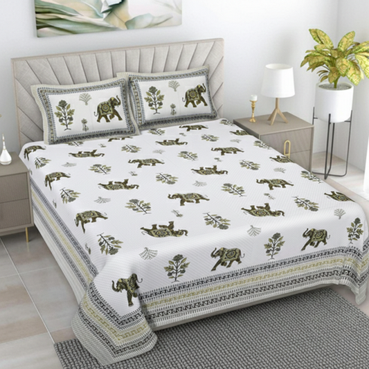 Elephant Motif Olive Green & White 200 TC 100% Pure Cotton King Size Bedsheet with 2 Pillow Covers