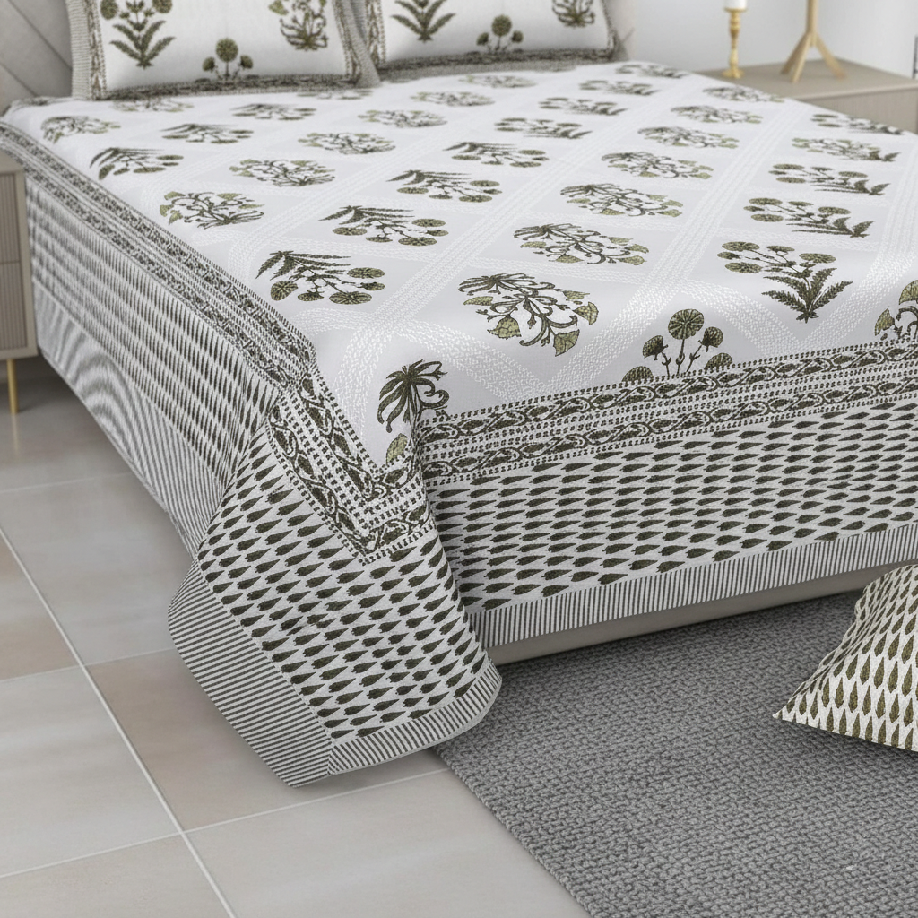 Floral Motif Olive Green  200 TC 100% Pure Cotton King Size Bedsheet with 2 Pillow Covers
