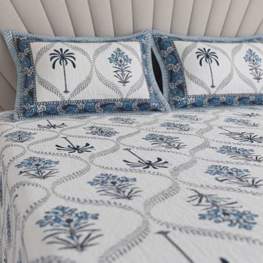 Jaipuri Sanganeri Palm Tree Motif Blue 200 TC 100% Pure Cotton King Size Bedsheet with 2 Pillow Covers
