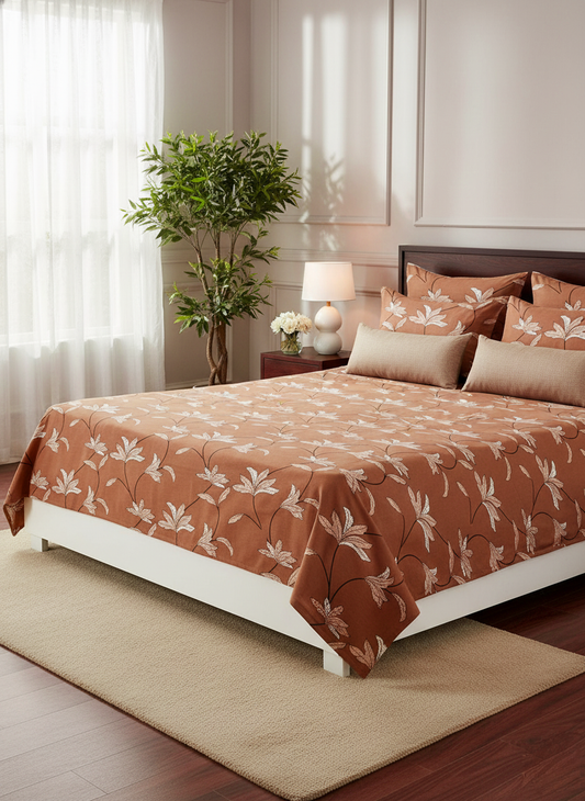 Light Brown Floral 200 TC Pure Cotton Double Queen Size Bedsheet